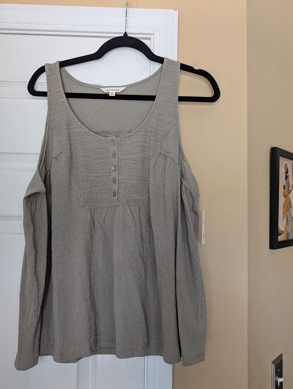 Lucky Brand Sage Cotton Scoop Neck Loose Fit Ribbed Ruched Blouse Shirt Casual